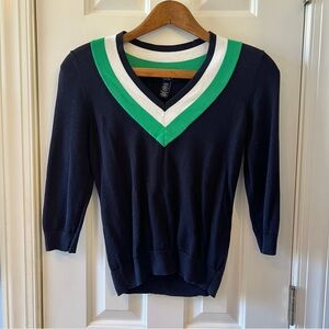 Chaps Navy and Green V-Neck Women's Sweater